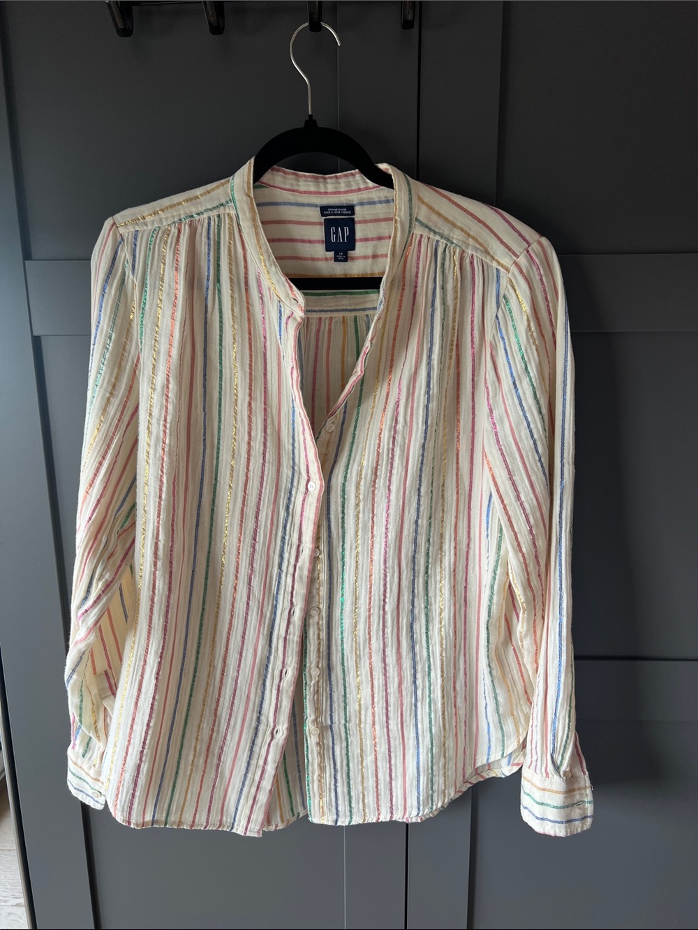 GAP Cream Button-Up Shirt with Pastel Stripes
